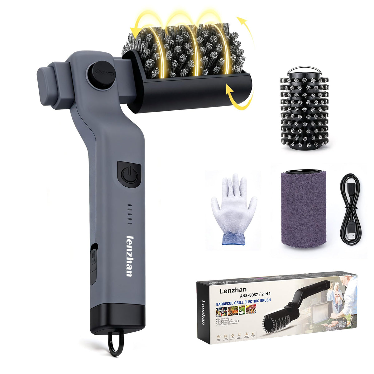 Cordless Electric Grill Brush, 3-Speed Motor, Adjustable Angle, Rechargeable, Waterproof