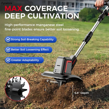 20V Cordless Tiller, 360 RPM, 9" Width, 6.6" Depth, 48 Tines, 2×4.0AH Batteries & Charger