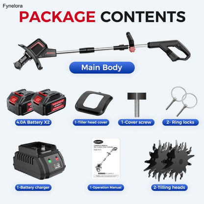 20V Cordless Tiller, 360 RPM, 9" Width, 6.6" Depth, 48 Tines, 2×4.0AH Batteries & Charger