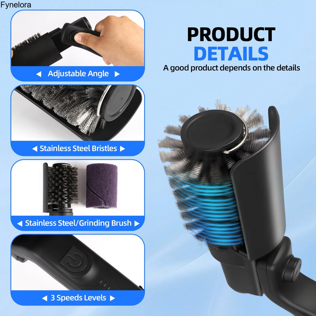 Cordless Electric Grill Brush, 3-Speed Motor, Adjustable Angle, Rechargeable, Waterproof