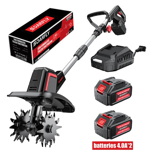 20V Cordless Tiller, 360 RPM, 9" Width, 6.6" Depth, 48 Tines, 2×4.0AH Batteries & Charger
