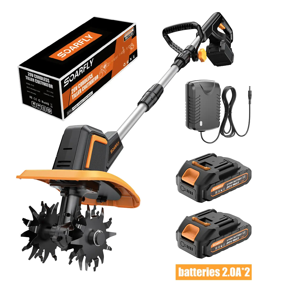 20V Cordless Tiller, 360 RPM, 9" Width, 6.6" Depth, 48 Tines, 2×4.0AH Batteries & Charger